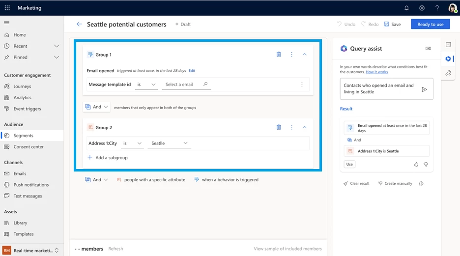 Query assist supports segments that include marketing interactions.