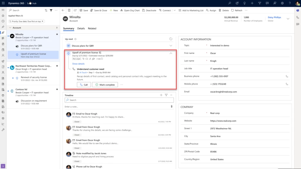 Dynamics 365 Sales accelerator screen with seller insights with a red square highlighting the insights on a sequence view