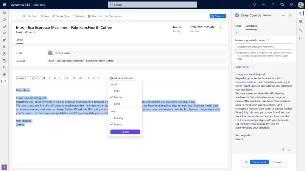 Screenshot of the Dynamics 365 Sales email view, with the Sales Copilot side panel showing a contextual reply draft.