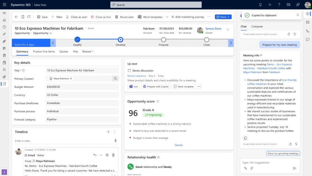 Screenshot of the Dynamics 365 Sales opportunity view, with the Sales Copilot side panel showing the meeting preparation view.