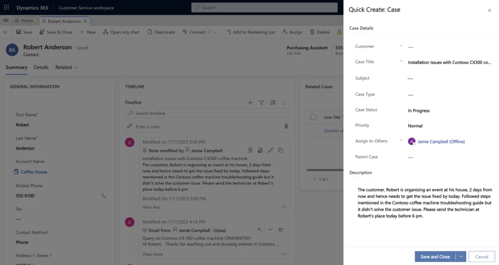 Agent workspace showing how to create a new case from the note and transfer note from the contact to the new case