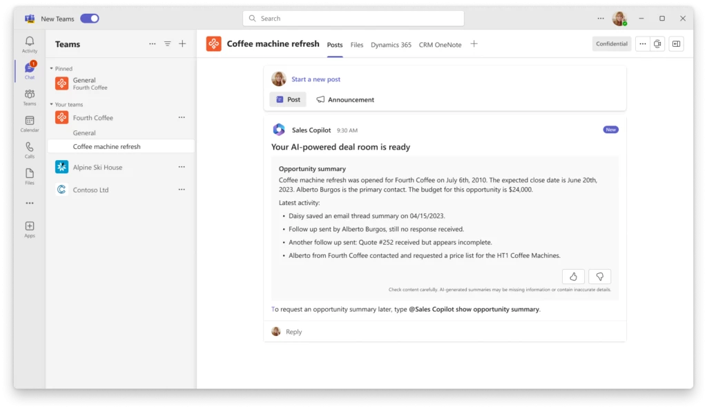 Microsoft Teams chat screen that shows a Sales Copilot post with an AI-generated Opportunity summary
