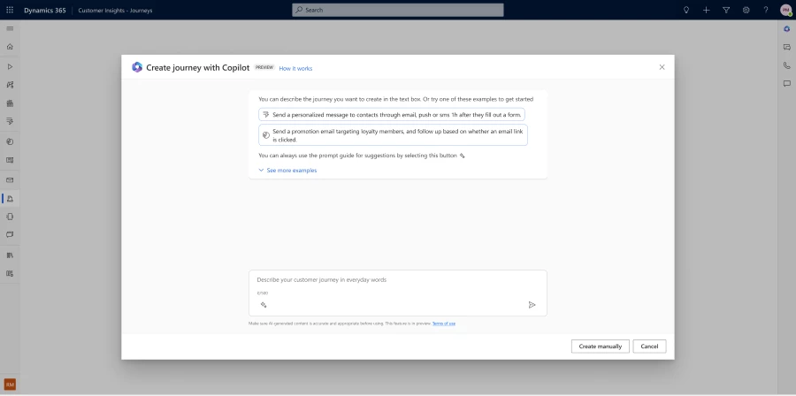 Dynamics 365 Customer Insights - Journeys screenshot showing create a journey with Copilot.