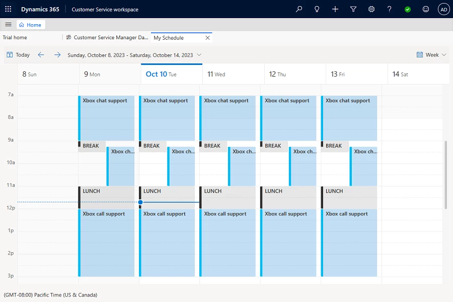 Agent calendar in Dynamics 365 Customer Service workspace connected to WFM