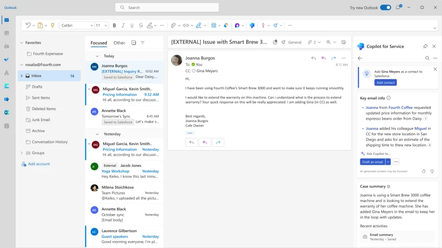 Product image of service agent updating CRM record in Outlook. 
