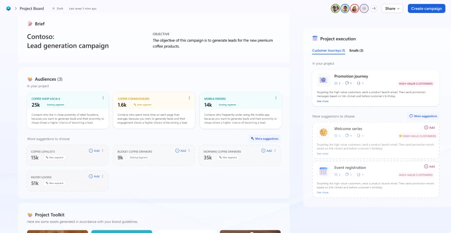 Screenshot of Dynamics 365 Customer Insights project board&mdash;highlighting curated audiences for streamlined marketing customization