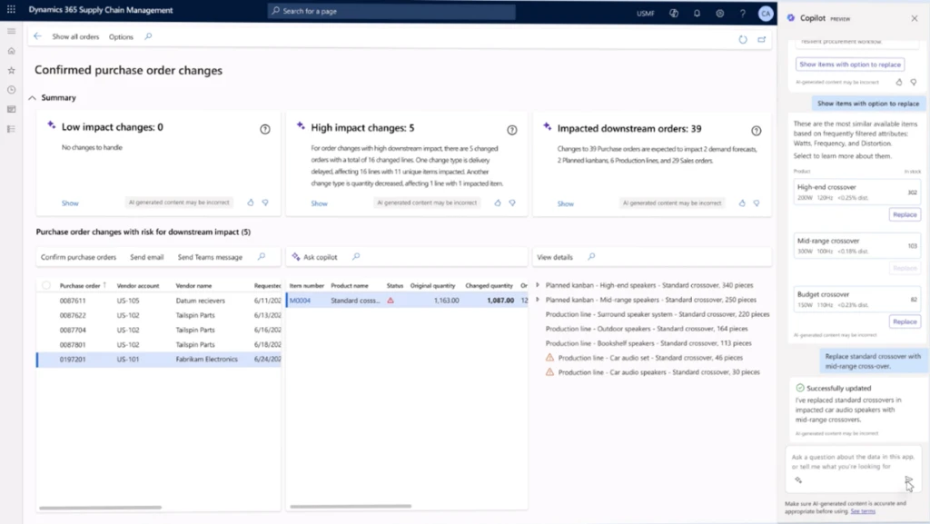 A screenshot depicting the ability to take actions based on insights with conversational help while in the flow of work