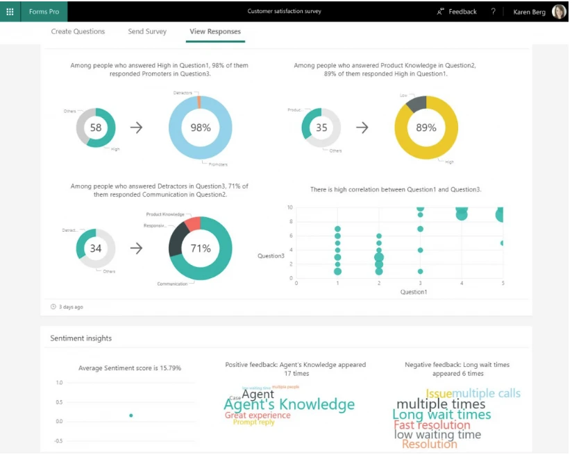 Screen capture of Forms Pro, view of responses from a customer satisfaction survey