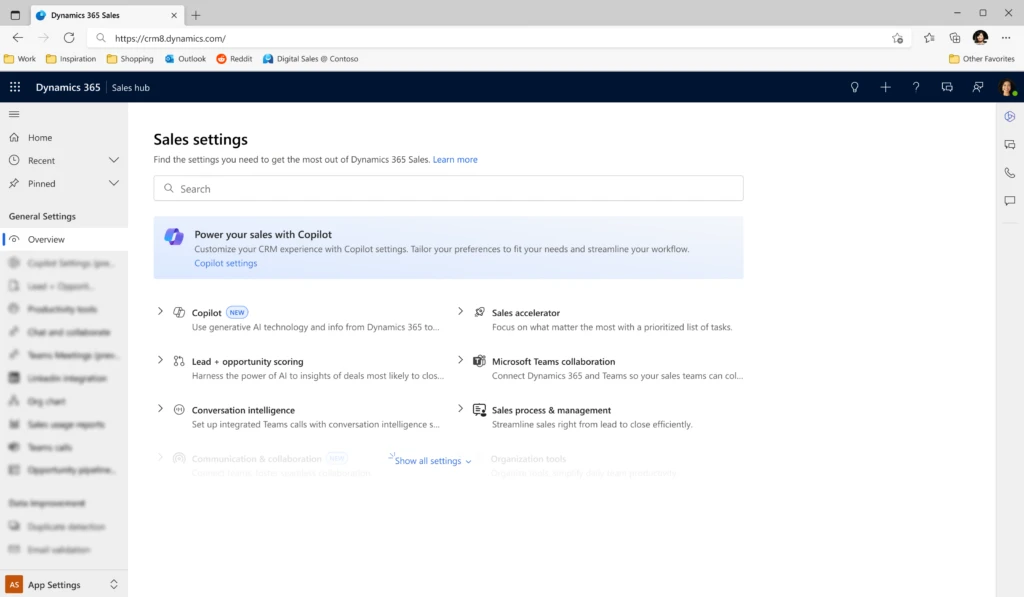 Dynamics 365 Sales Hub overview settings page