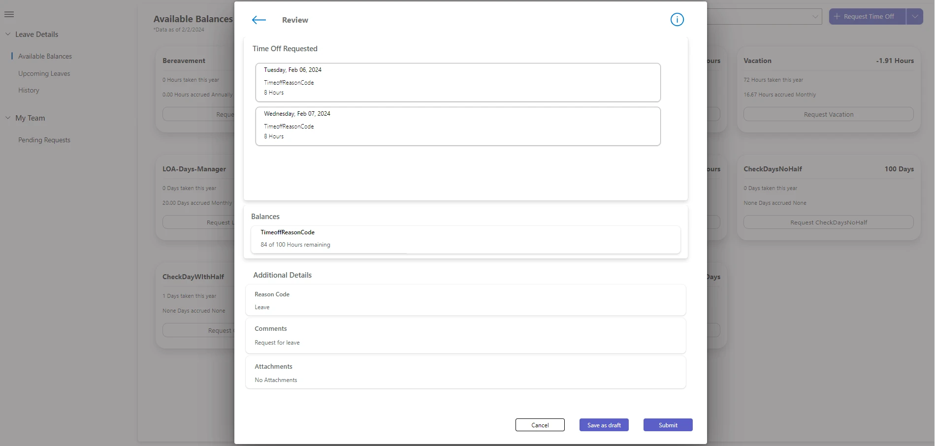 Screenshot of time off request being reviewed