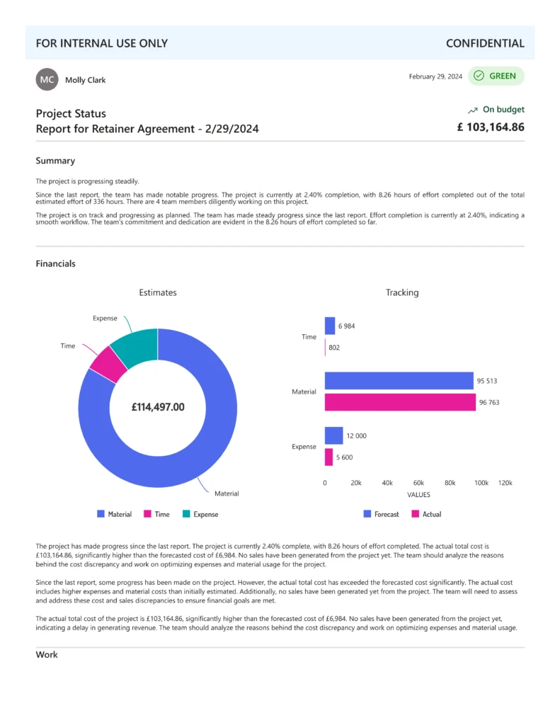 Project Status report page 1 showing project status (good or not good) with text and charts with supporting data