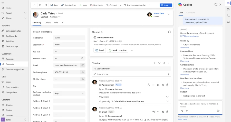 New Microsoft Dynamics 365 feature showing key information from a proposal on the right side of the screen. 