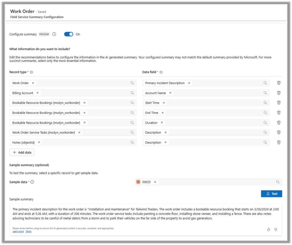 Screenshot of the Dynamics 365 work order summary configuration page.