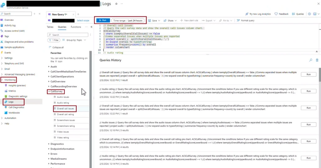 Administrator query of call logs in Microsoft Azure