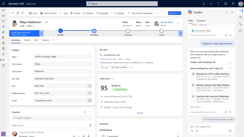 Sales Hub page with Copilot side pane open showing information to prepare for appointments