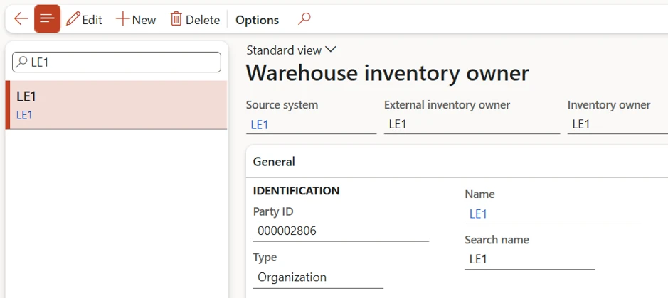 Figure 2: This screenshot shows how to set up an inventory owner dimension value to be linked to the sales subsidiary legal entity *LE1* in this example.