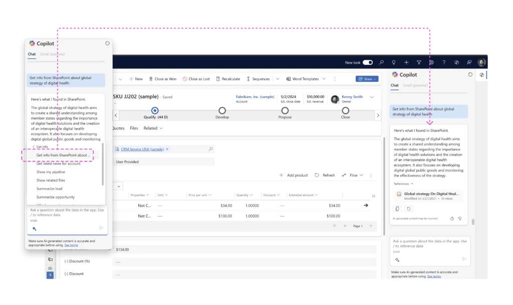D365 Sales Hub window with Copilot sidecar open, and to the right of it a Copilot sidecar view that shows how to invoke SharePoint Q&A