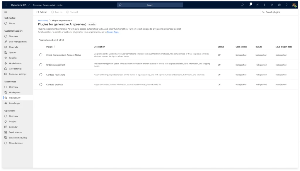 Dynamics 365 Customer Service admin center interface to manage prompt plugins