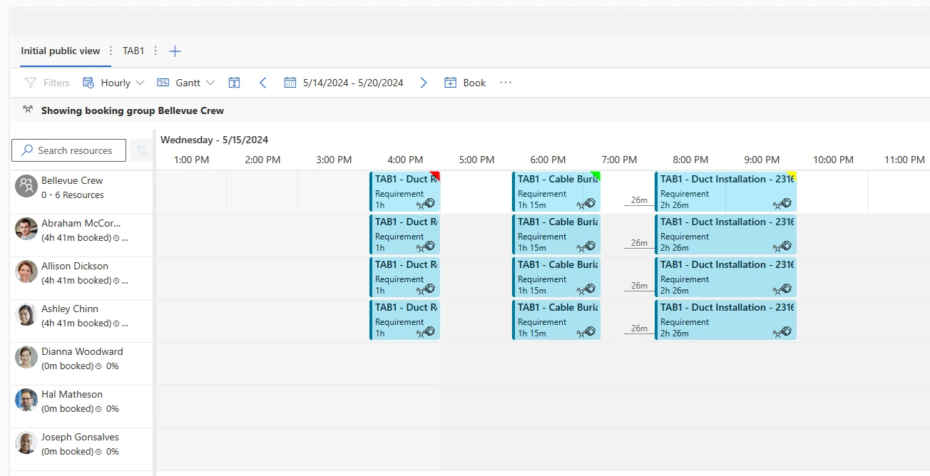 Showing booking group of the crew before updating the schedules