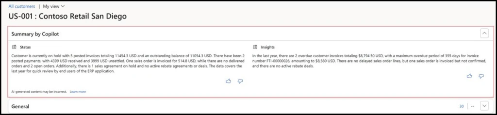 Screenshot of the Copilot customer summary in Dynamics 365.