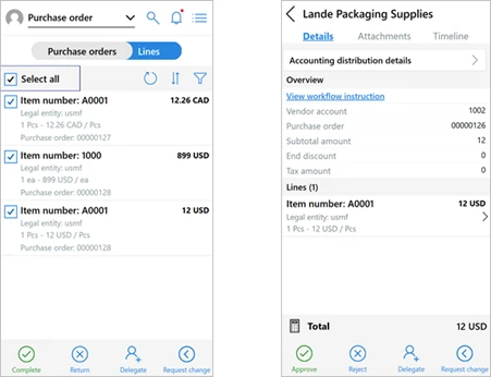 Screenshots of a list of purchase orders (left) and details of an order (right) in the new Dynamics 365 Approvals management mobile experience.