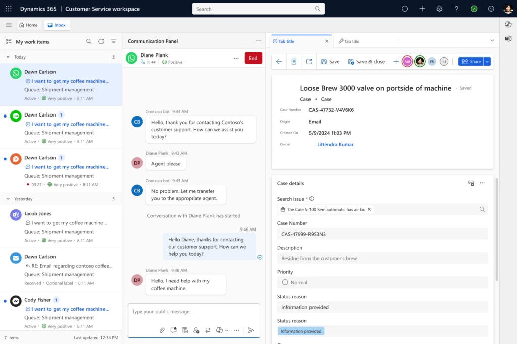 D365 Contact Center agent desktop with first-party WhatsApp channel