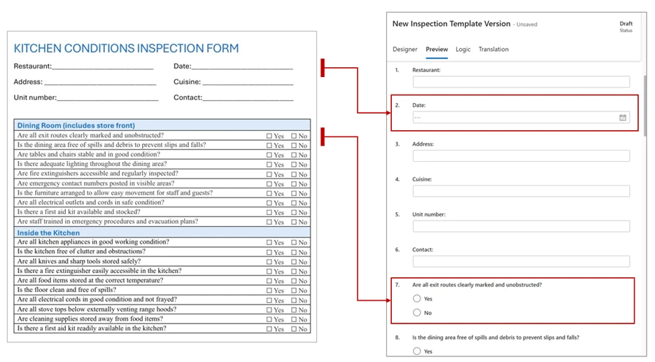 A side-by-side comparison of a kitchen inspection survey PDF document and the inspection template that results from the inspection builder.