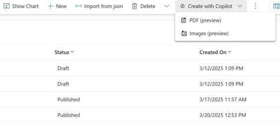 A screenshot of a list of inspection templates with the expanded options to create with Copilot.