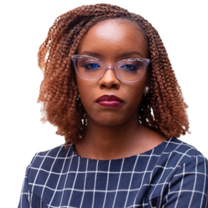 A woman with glasses and curly hair