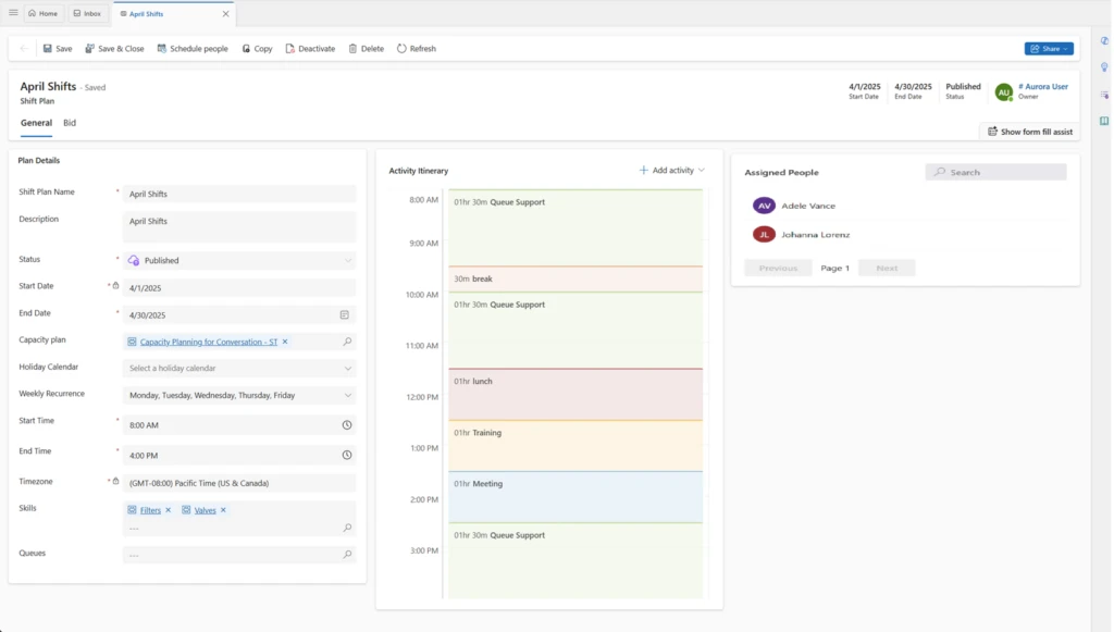 Shift planning template in Dynamics 365 Contact Center