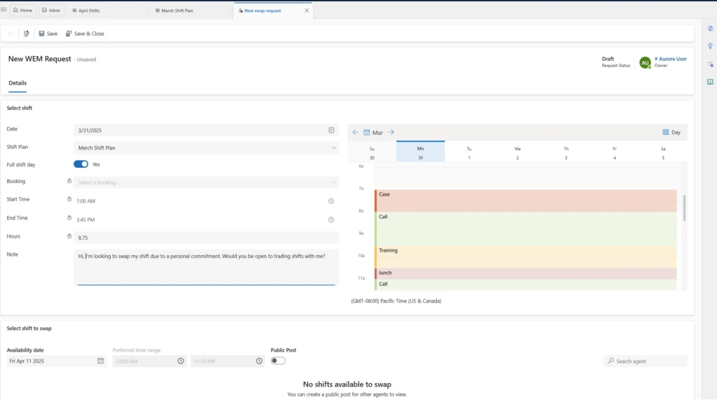 New WEM request for shift swapping in Dynamics 365 Contact Center
