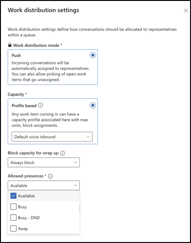 Unified routing work distribution showing mode, capacity, and presence