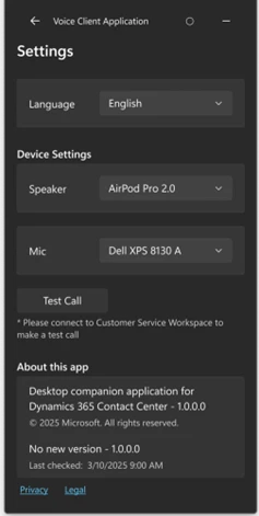 Desktop Companion Application (DCA)  settings including language, device settings, and about information