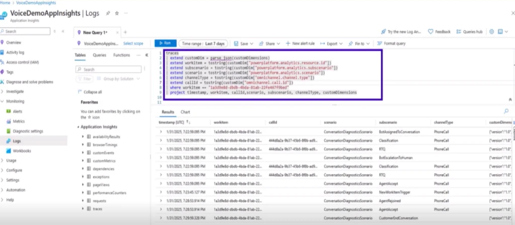 AppInsights editor with a custom query for telemetry