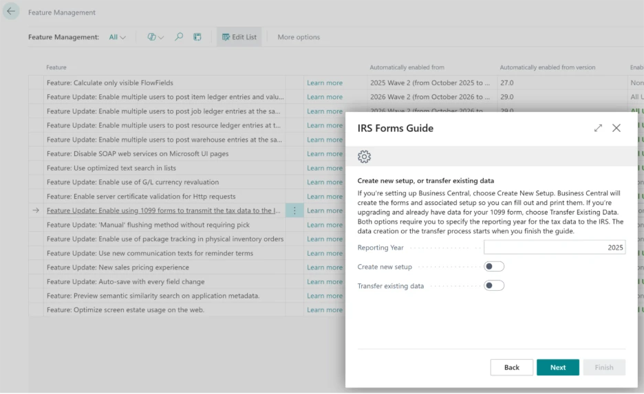 A screenshot of a computer showing the 1099 reporting in Business Central
