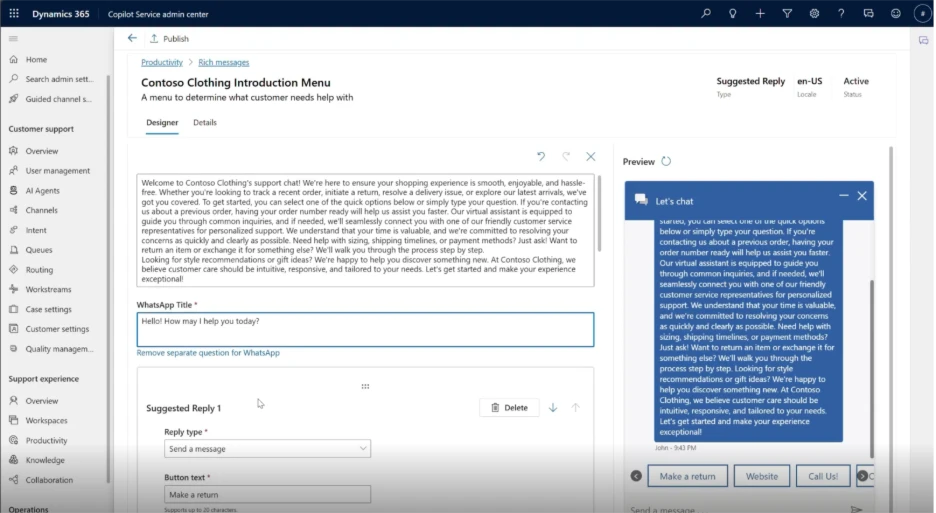 Create rich messages in the template designer in Copilot Service workspace