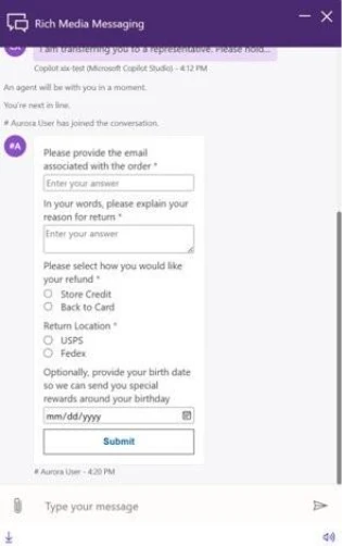 Customer's view of live chat using rich messaging