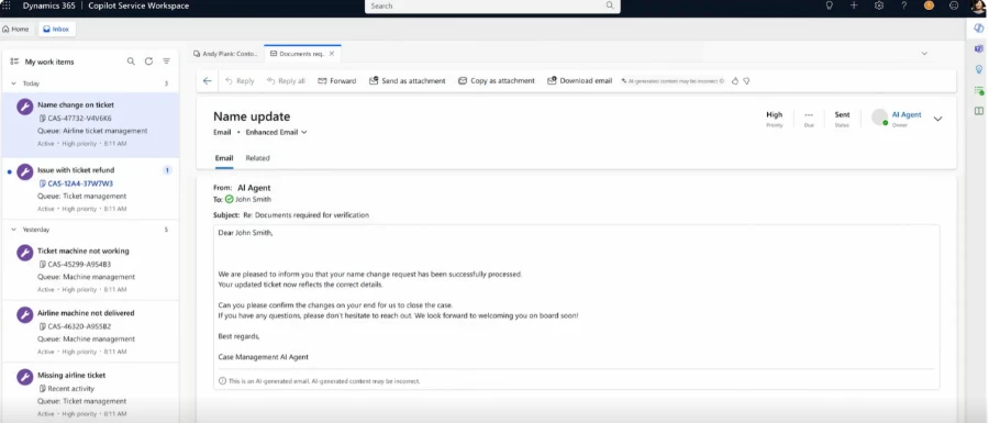 Case resolution agent generates email from a case 