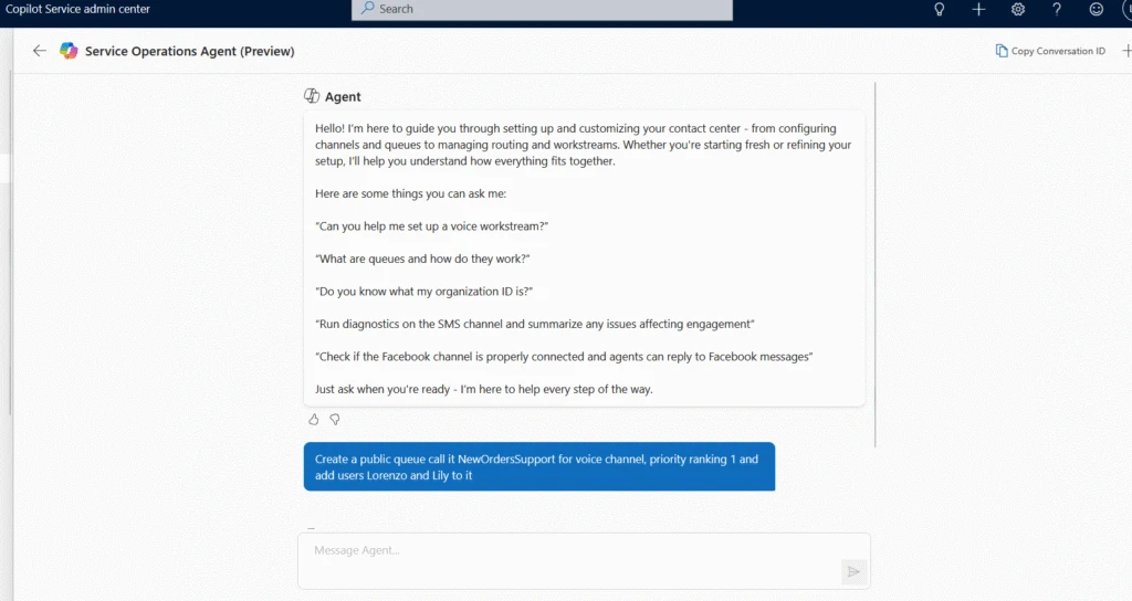 Service Operations Agent in Dynamics 365 Contact Center