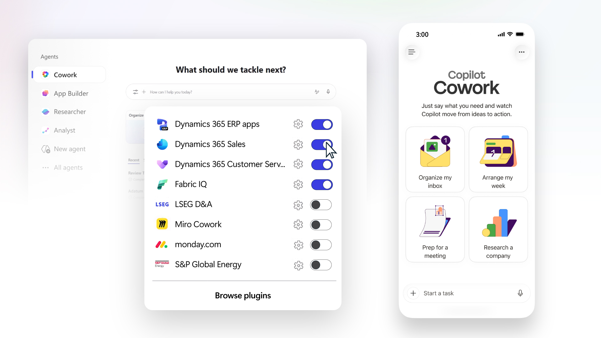 Copilot Cowork interface showing plugin integrations (including Dynamics 365) and a mobile view with task options like organizing inbox, planning a week, and preparing meetings.
