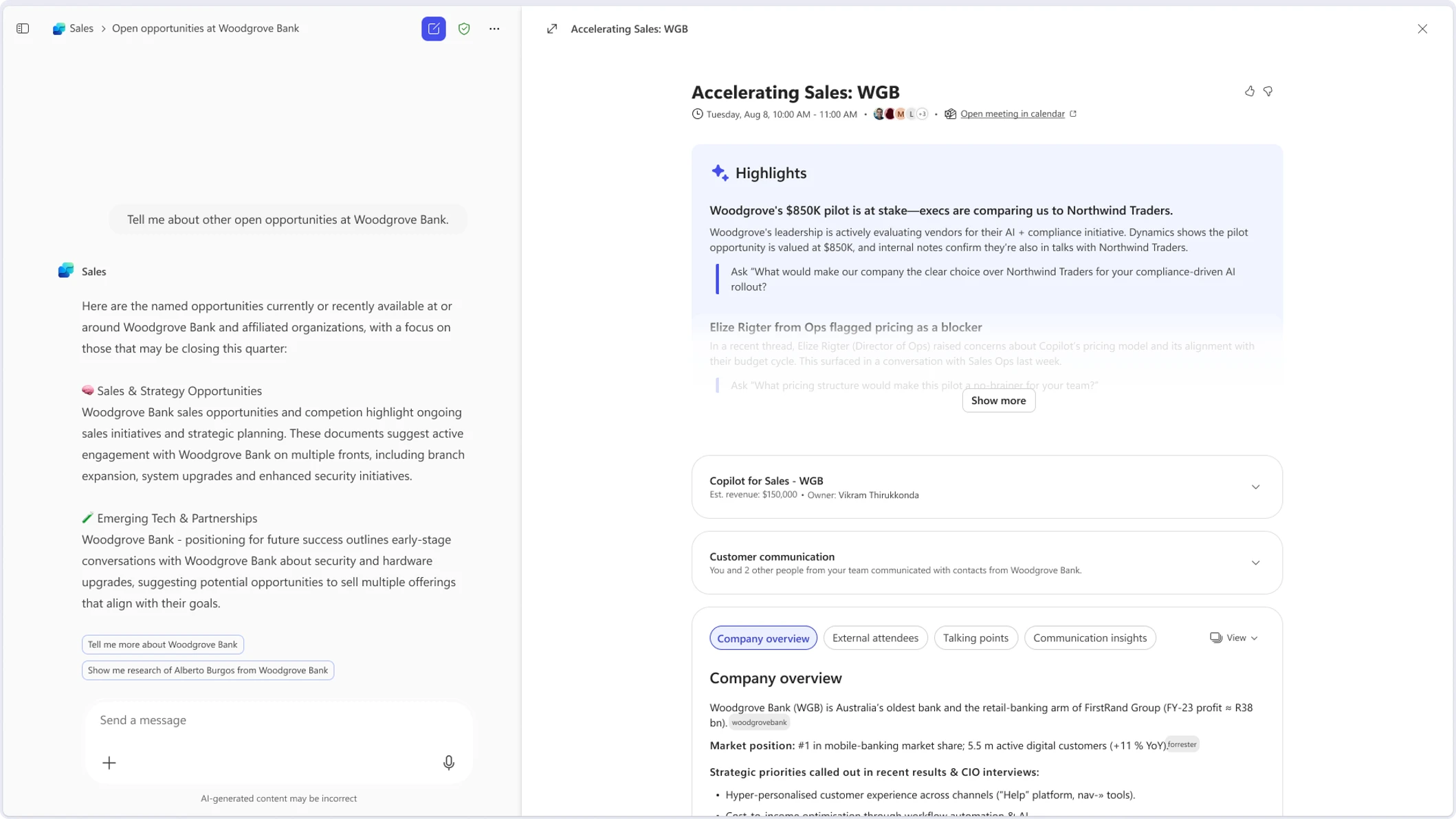 Screenshot of Sales Agent in Microsoft 365 Copilot showing a chat-style interface with account and opportunity context, suggested next steps, and CRM-related sales insights.
