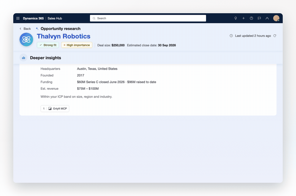 Animation showing Dynamics 365 Sales opportunity research surfacing AI-generated company insights, funding information, revenue estimates, and ideal customer profile alignment to help sellers qualify opportunities.