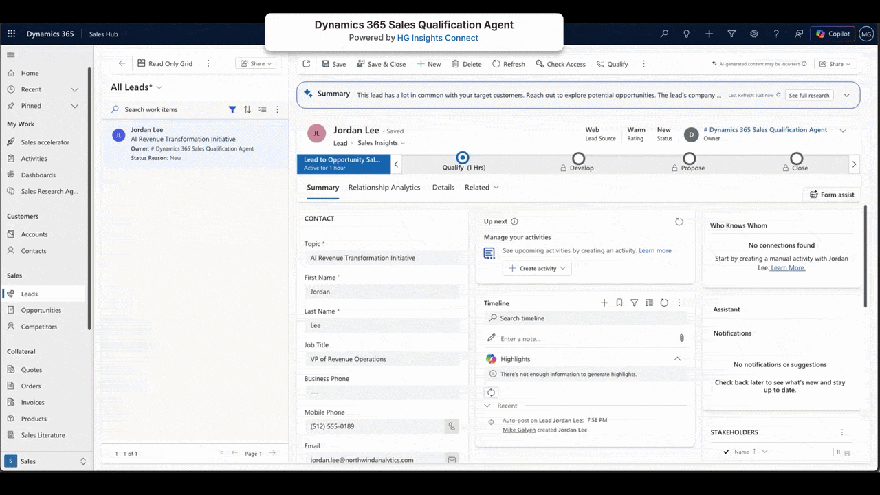 Animation showing Dynamics 365 Sales Qualification Agent enriching a lead record with external business intelligence to identify qualified opportunities and support lead-to-opportunity conversion.