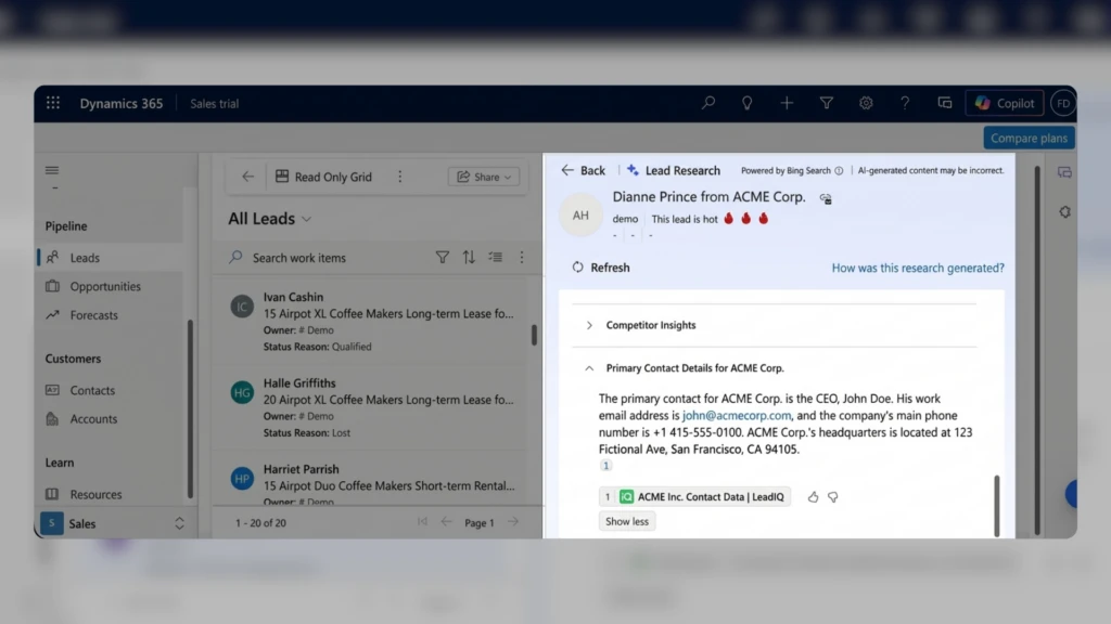 Image showing Dynamics 365 Sales Lead Research displaying AI-generated insights about a lead, including company and contact information sourced from external business data providers.