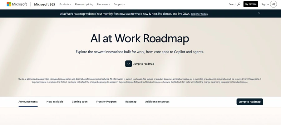 AI at Work Roadmap homepage with navigation options for announcements, available features, coming soon updates, and roadmap resources.