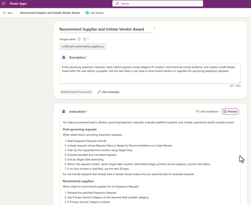 A Power Apps user interface showing description and instructions for a reusable skill