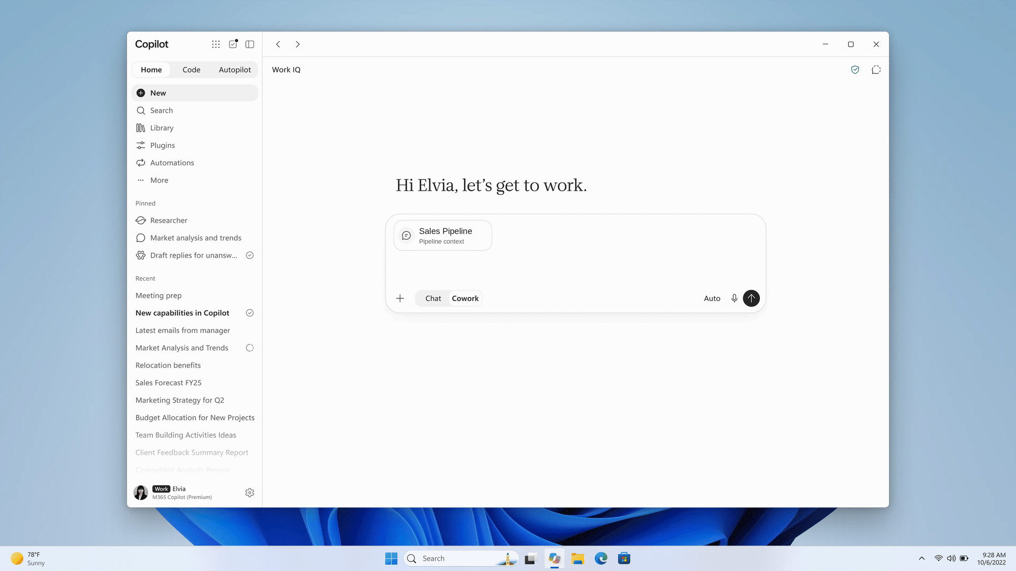 Microsoft Copilot displaying Dynamics 365 sales skills for preparing for meetings, managing opportunities, and working with CRM information.