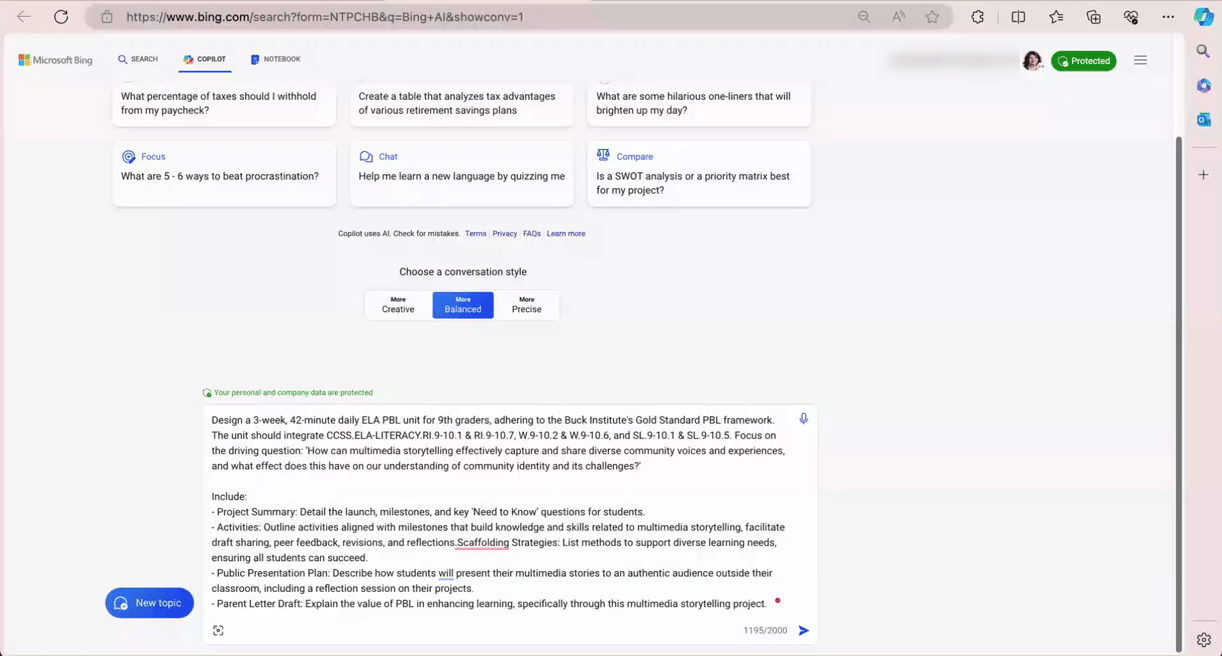 Demonstration of Copilot providing a project-based learning prompt:.