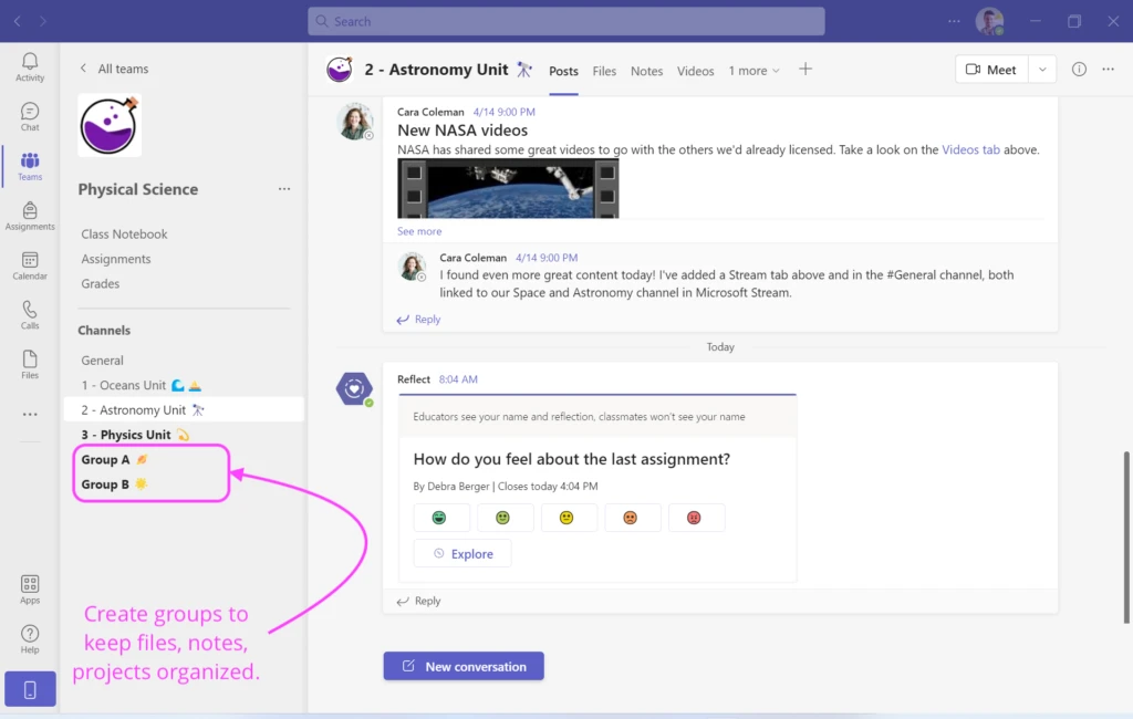 Interface in Microsoft Teams showing where to create groups to organize files, notes, and projects efficiently.