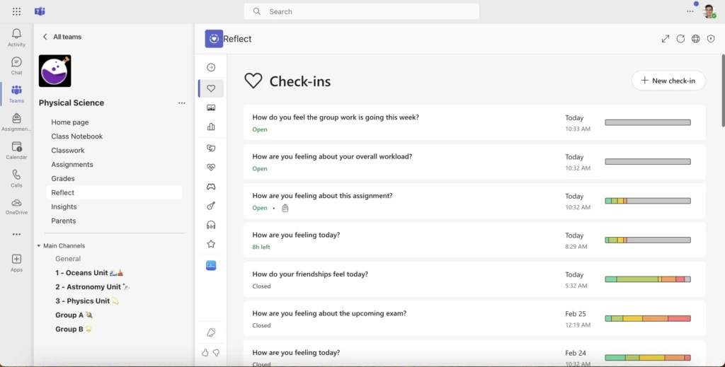 Check-ins page in Reflect showing how you feel about various topics.
